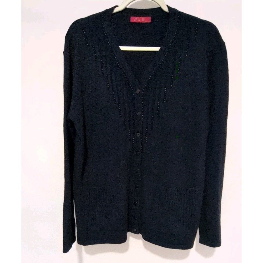 H&W Women's Beaded V-neck Cardigan Sweater Dark Navy Blue Size L/XL‎